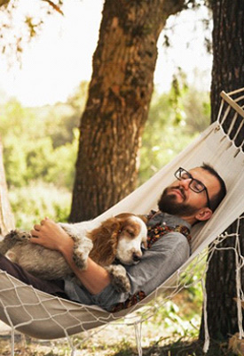 Man sleeping in a hammock with his dog
